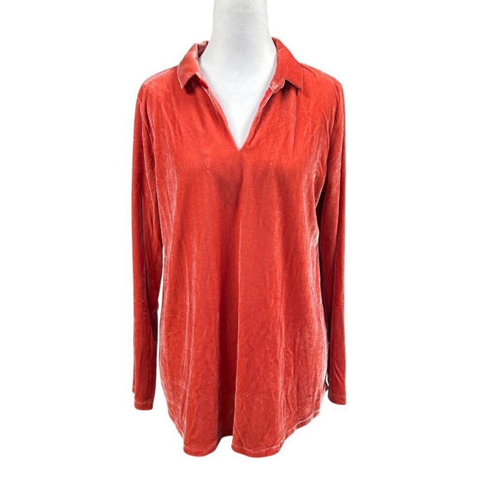 Soft Surroundings Blouse Womens Size Medium Velvet Velour V Neck Collared
